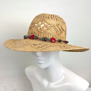 Vintage straw open weave sun hat with custom beaded band M/L beach resort wear